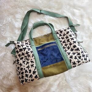 Vintage Leather Calf Hair Duffel Tote Travel Bag Crossbody Shoulder Zip Multi